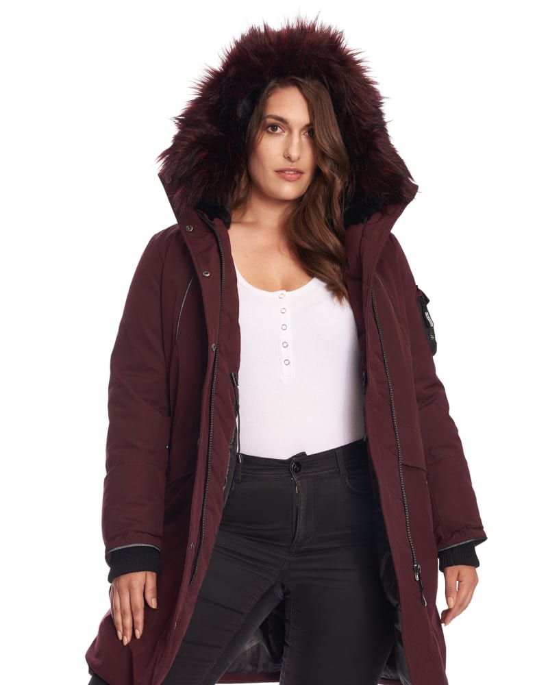 Front of a model wearing a size 3X LAURENTIAN | Vegan Down Recycled Long Parka Winter With Faux Fur Hood in Grape by Alpine North. | dia_product_style_image_id:325607